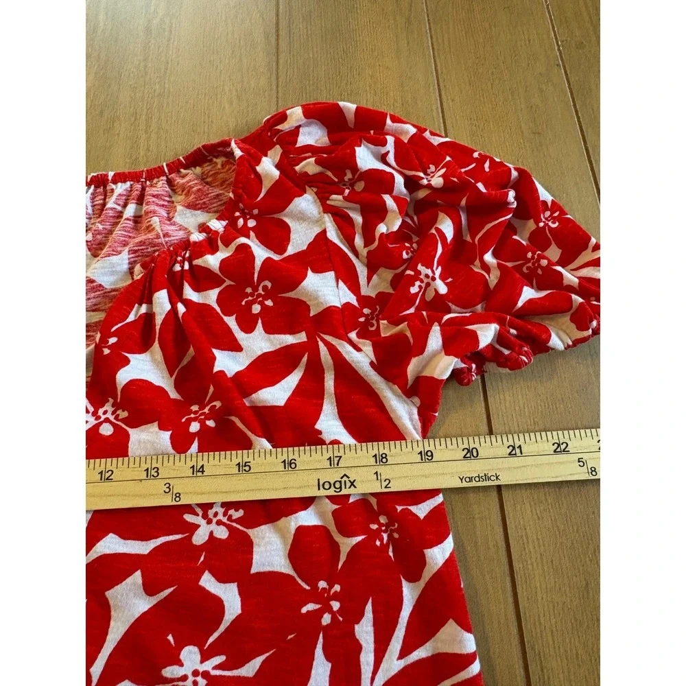 LOFT Floral Puff Sleeve Blouse Womens Medium Red White Cotton V-Neck Top Boho